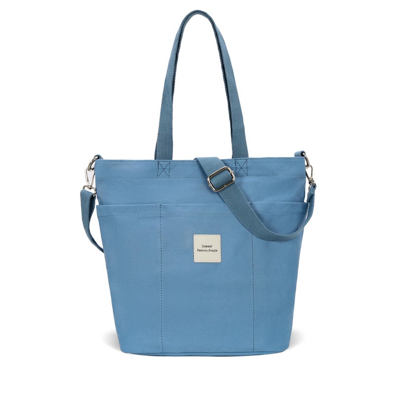 Iswee Canvas Tote Bag with Zipper Multi Pockets Tote Purse for Women Fashion Crossbody Tote Shoulder Bag Handbag Everyday Bag(Blue) - Image 1
